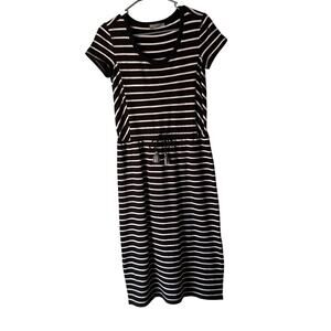 t‎ by Talbots Black White Striped Midi Dress XS Tassel Tie Casual Preppy UPF 50